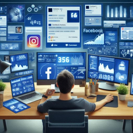 Homem trabalhando em uma mesa com vários monitores exibindo gráficos e interfaces de mídia social, incluindo Facebook e Instagram.