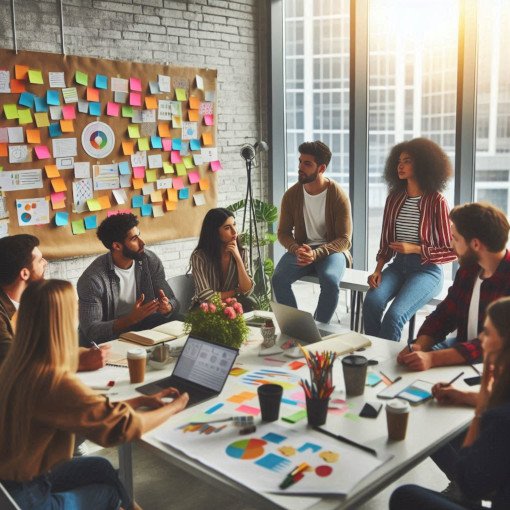 Equipe discutindo ideias em uma sala de reuniões com post-its coloridos e gráficos na parede.