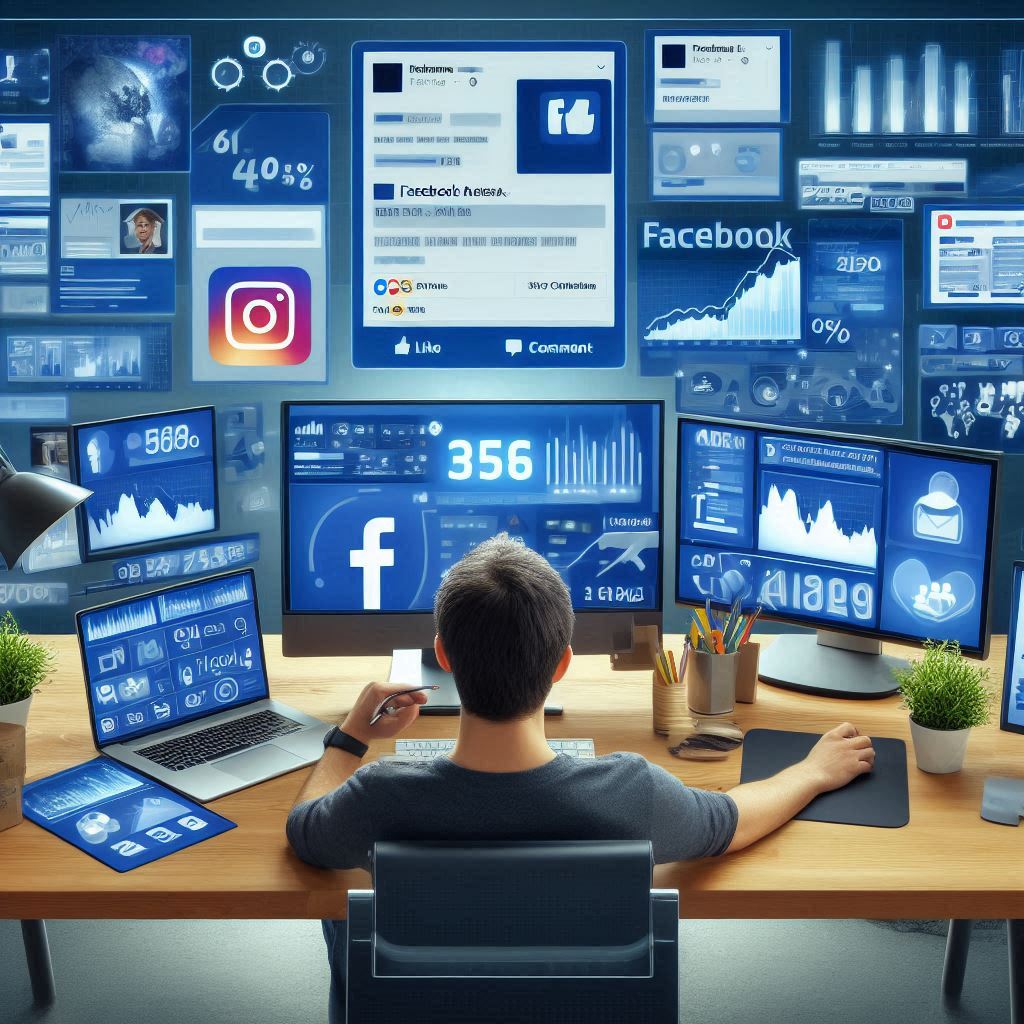Uma imagem de uma pessoa sentada com a secretaria em frente com vários monitores em cima, cheiros de gráficos, tudo em tons de azul